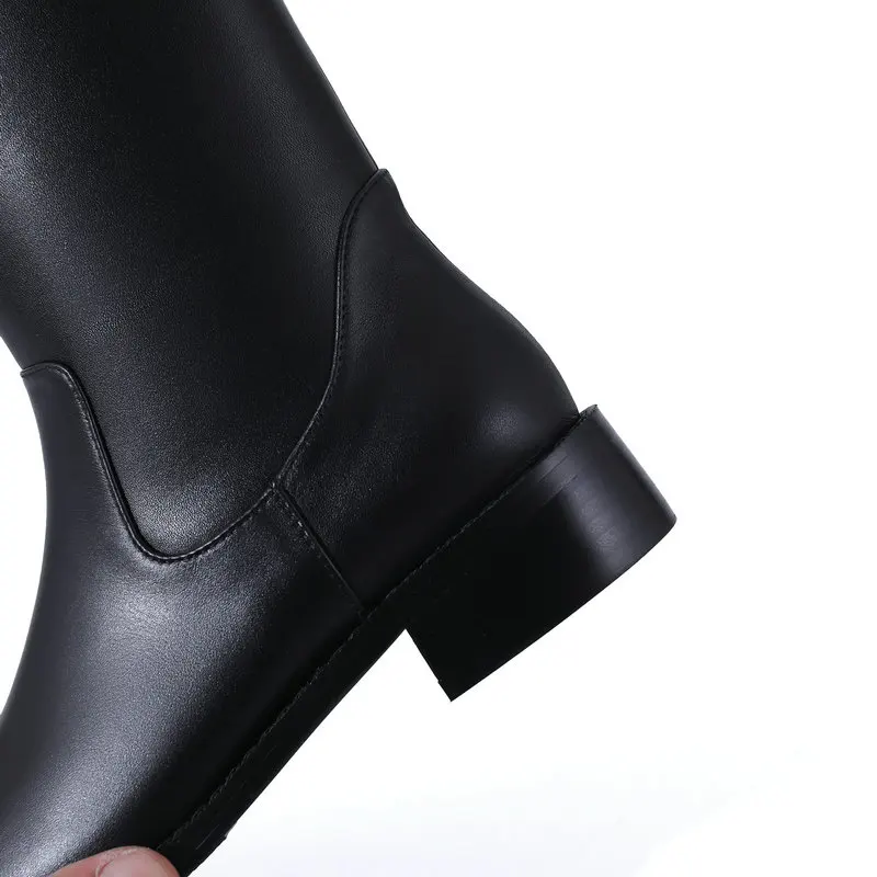 

Newest Shoes Woman low Heels knee high boots 2020 Fashion Genuine Leather Side Zipper Tight High Boots Working Thick Heels Boots
