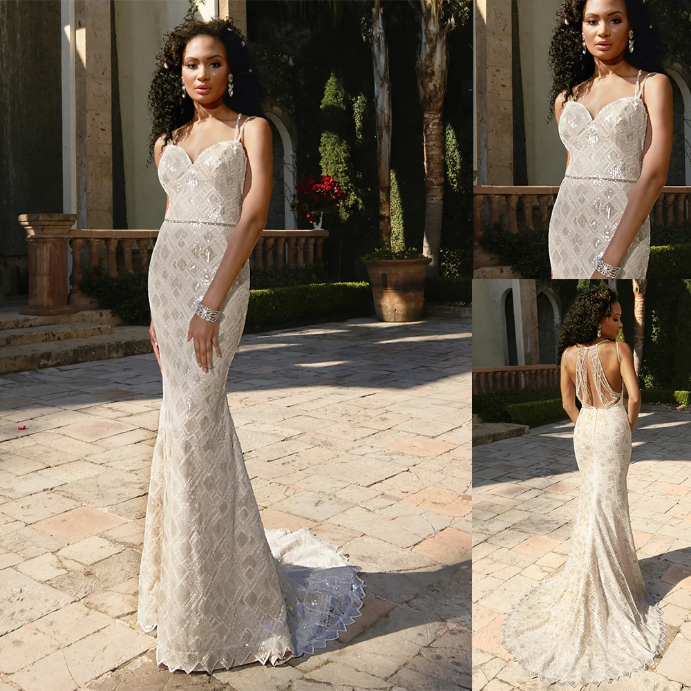 

2020 Wedding Dresses Spaghetti Straps Lace Appliques Bridal Gowns Custom Made Sweep Train Plus Size Mermaid Wedding Dress