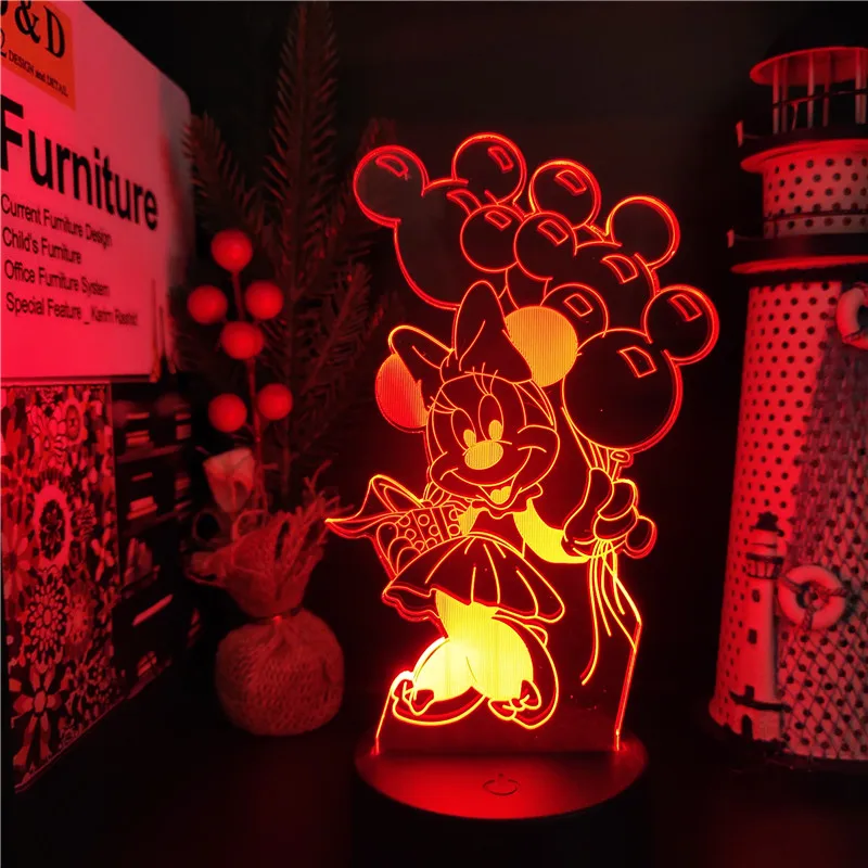 Акриловый светодиодный ночсветильник с мультяшными героями Диснея 3D лампа Минни