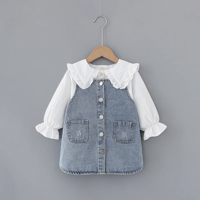 

Autumn Infant Baby Girls Clothes Sets Long Sleeve Shirt+Denim Dress Suspender Strap Suit Kids Children 2pcsSet