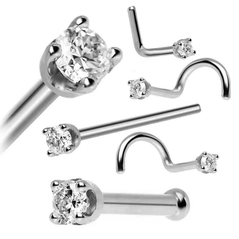 5PCS Stainless Steel Zircon Gem Bone Nose Stud Piercing Earring L Post Nose Ring Set Twist Nose Stud Pack Piercing Nariz Lote images - 6