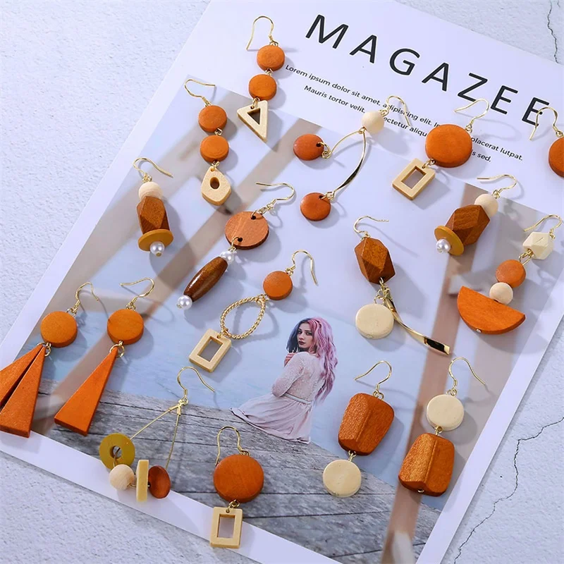 Винтажные серьги в стиле бохо 13 из натурального дерева кофейного цвета капли