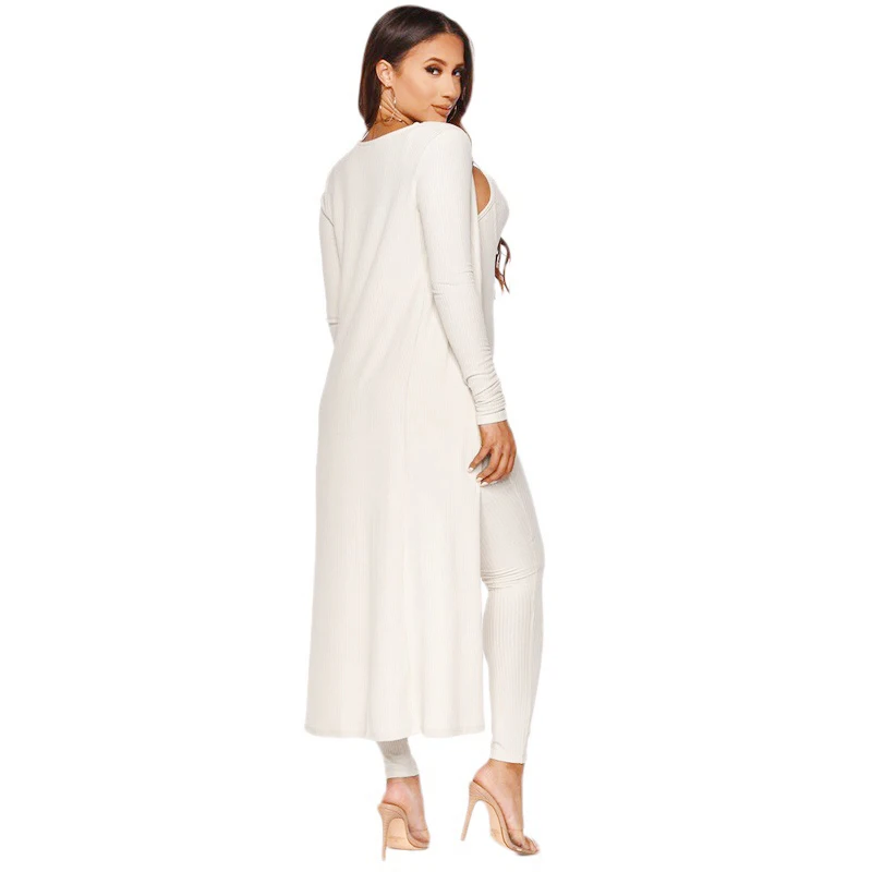 

Women Two Piece Summer Fall Suits Sleeveless Skinny Jumpsuits and Open Stitch Cardigans Set
