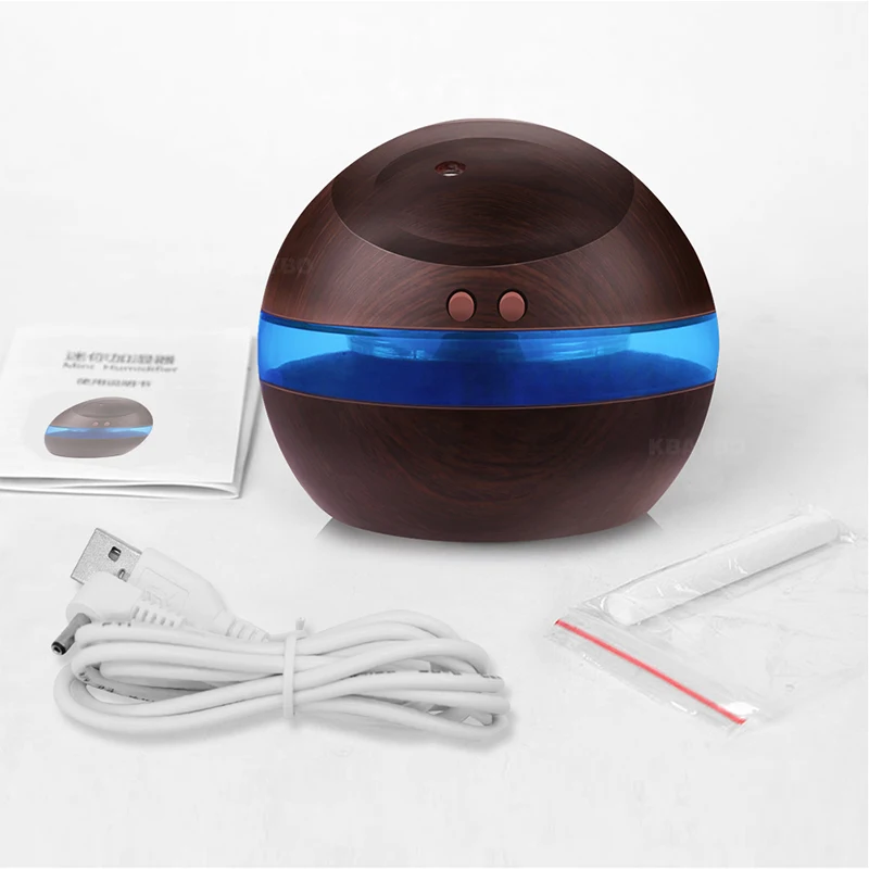 

KBAYBO USB Ultrasonic Humidifier 300ml Aroma Essential Oil Diffuser Aromatherapy mist maker with Blue LED Light Wood grain