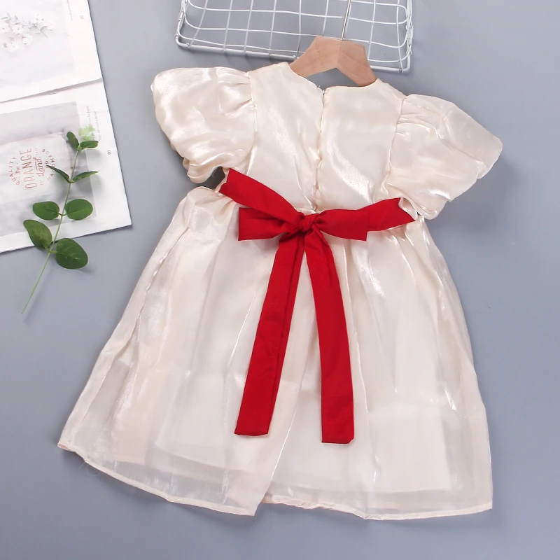 

Baby Girl Princess Dresses for Toddler Kids Clothes Children Cute Bowtie Sashes Clothing Sweet Solid Puff Sleeve Dress for Girls