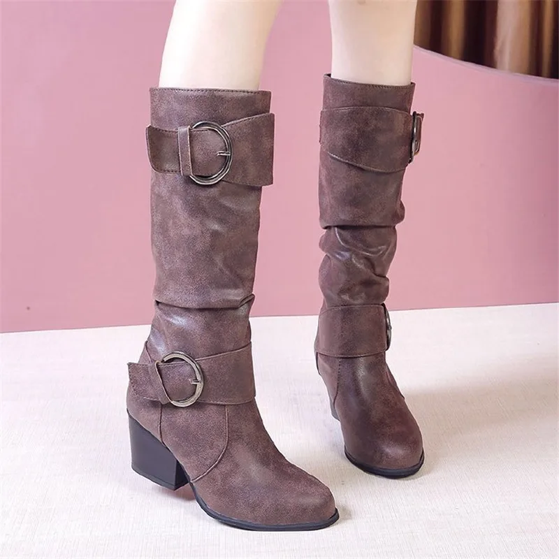 

2020 Women Boots Winter Knee-high Long Botines Mujer Square High Heels Ladies Botas Mujer Casual Buty Damskie Plus Size 35-43