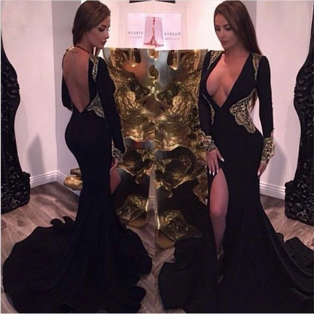 

V-Neck Evening Dress Floor-Length Satin Black Long Sleeve Formal Dresses Sweep Train Custom Prom Party Gown Mermaid Trumpet Deep