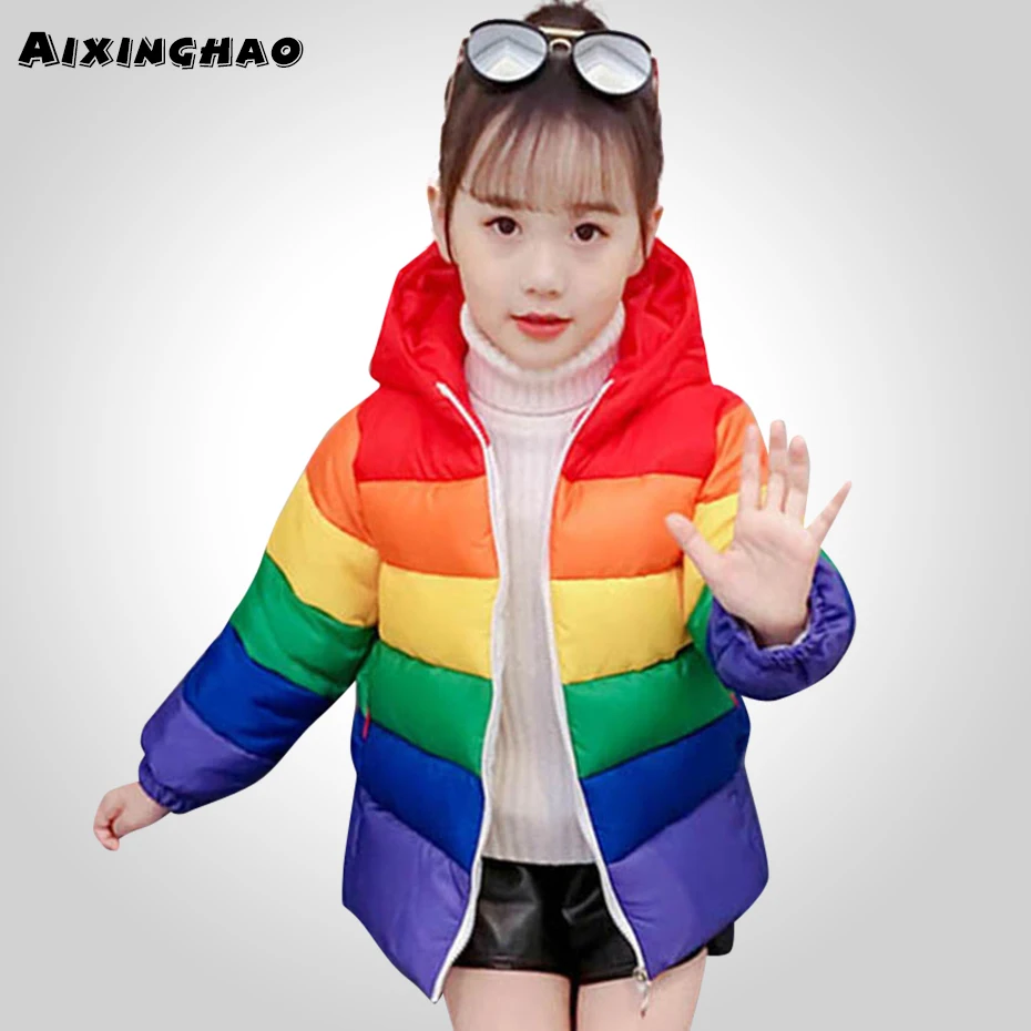 Детское пальто куртка в радужную полоску для девочек Верхняя одежда с капюшоном