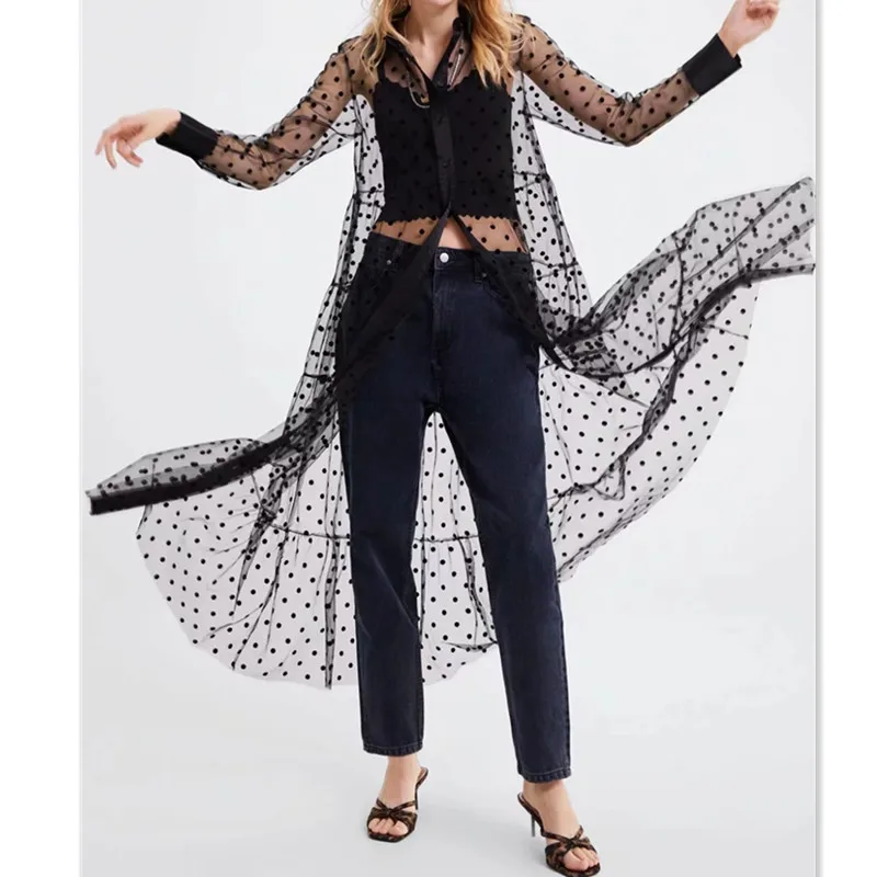 Сексуальное женское платье Сетчатое в горошек с кружевами на пуговицах макси