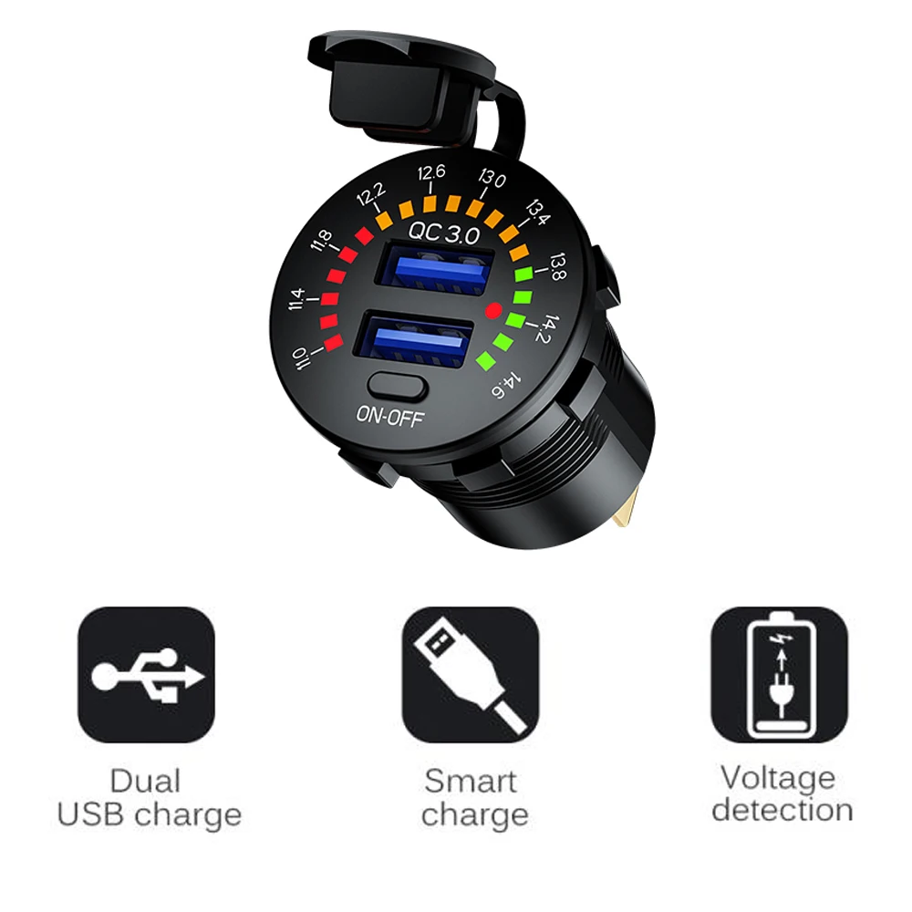 lykas car usb socket qc 3 0 dual usb charger voltage meter on off switch waterproof phone charger for truck boat power adapter free global shipping
