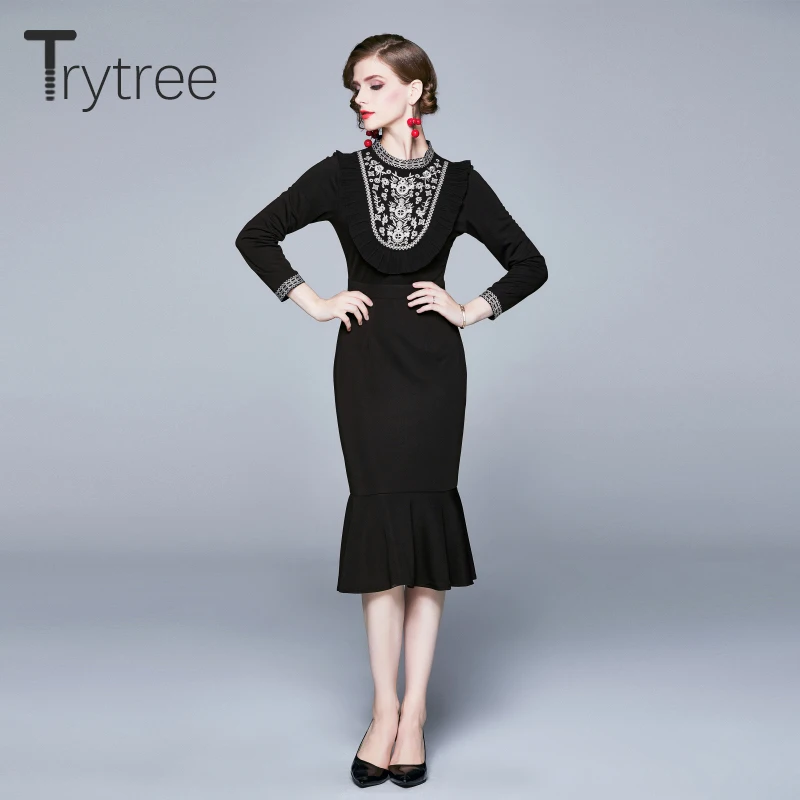 Trytree/2019 осеннее женское Повседневное платье с круглым вырезом и оборками Вышитое