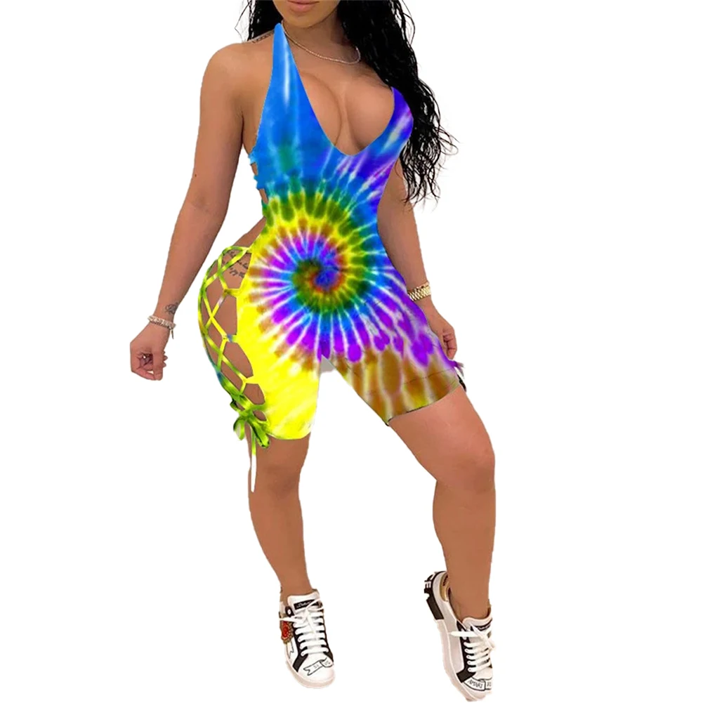 

Womens Sling Halter Jumpsuit Sexy Tie-dye Hollow Out Lace Up Backless Bandage Playsuit Party Club Nightwear Clothing