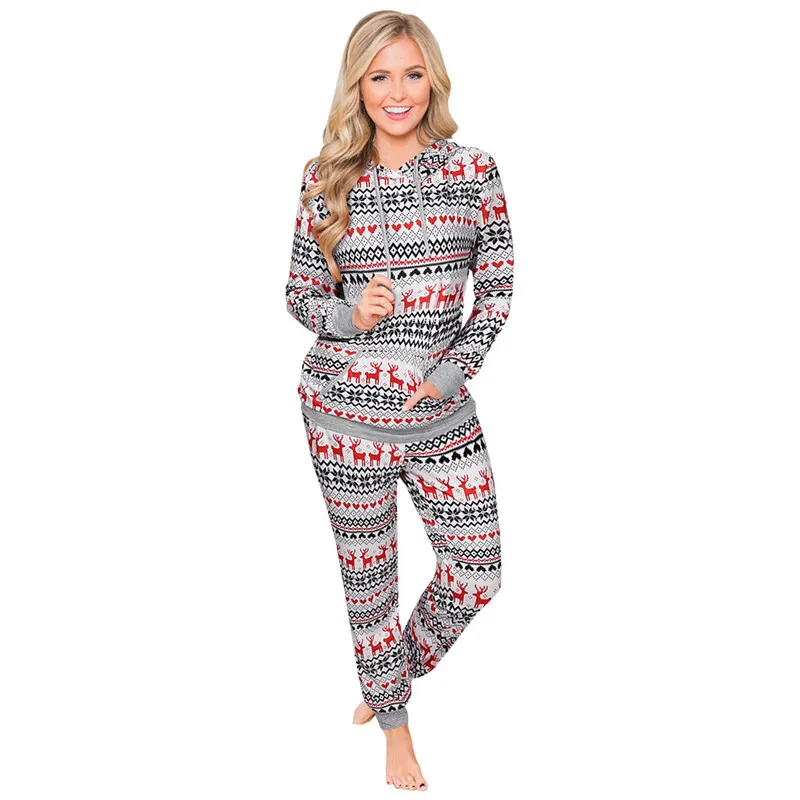 

Printed Tracksuit 2 Piece Set Women Spring Autumn Clothes Hooded Pullover Top And Pants Casual Big Pocket Christmas Female Suits
