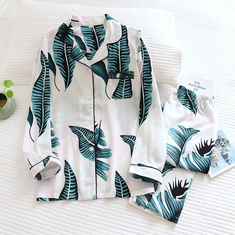 

Summer Thin Rayon Pajamas Soft Long Sleeve Trousers Sleepwear Viscose Print 2 Piece Pijamas Plus Size Lounge Wear Home Clothes