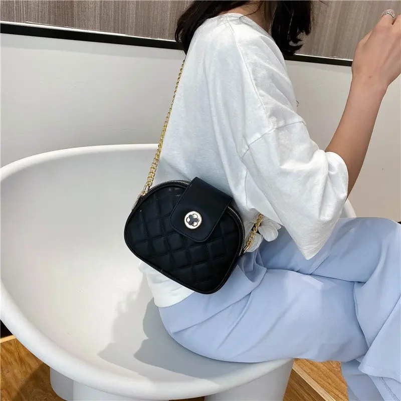

2020 New Fashion Small Round Bags For Women Luxury Diamond Lattice Chains Shoulder Bag High Quality PU Leather Crossbody Bags