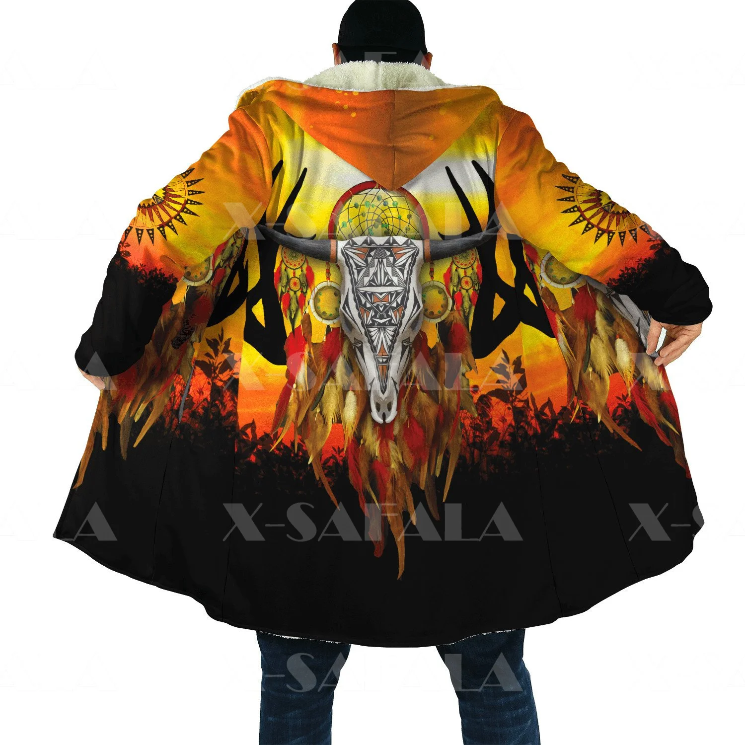 

Thick Warm Hooded Cloak for Men Native Wolf Feather Totem Overcoat Coat 3D Print Windproof Fleece Cape Robe Hooded Blanket-30
