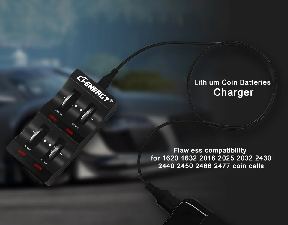 Кнопочный аккумулятор lir2032 зарядное устройство CT-Energy 4 слота USB интерфейс для аккумуляторов LIR2032/LIR2450