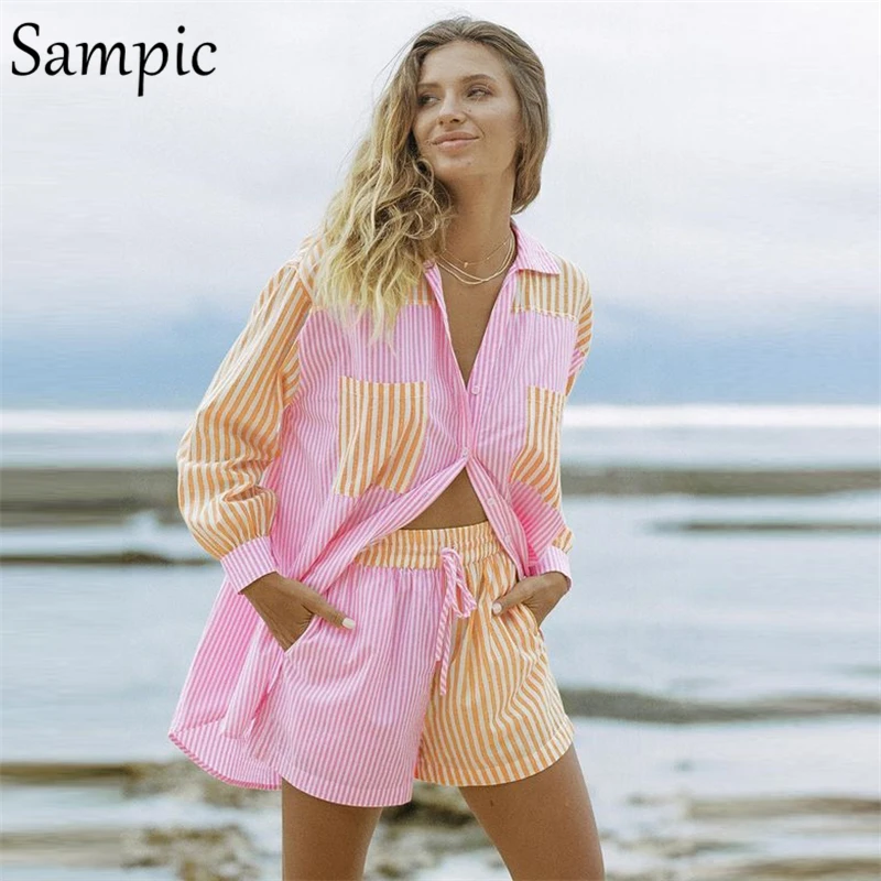 

Sampic Casual Women Summer Beach Tracksuit Shorts Set Striped Blouse Shirt Tops And Mini Shorts Suit Two Piece Set Loungewear