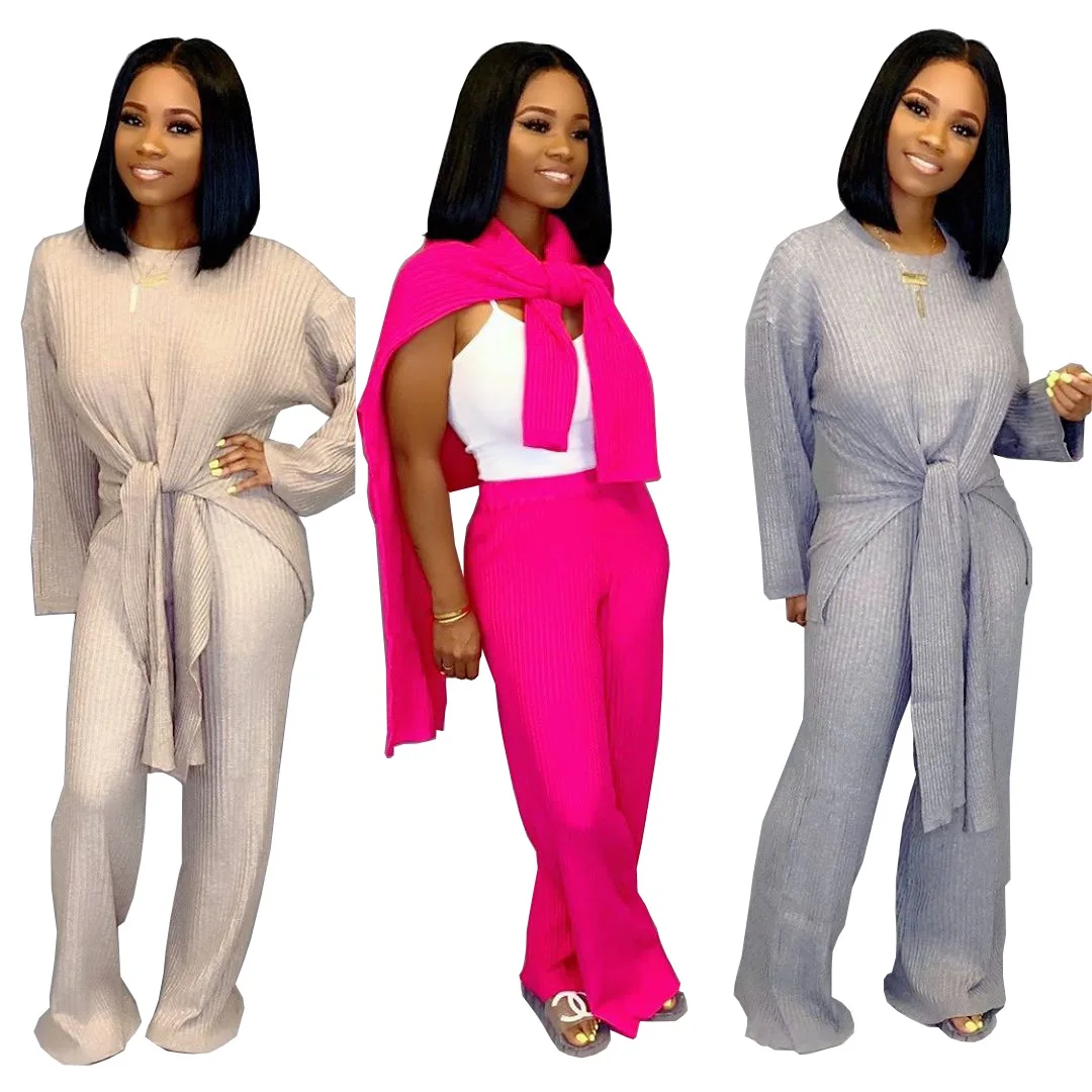 Женский комплект однотонного цвета с длинными рукавами вязаный свитер узлом