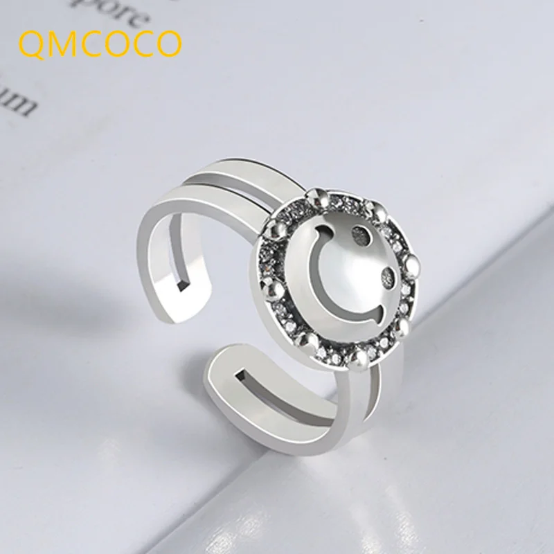 

QMCOCO Silver Color Smile Face Rings For Women Thai Silver Fine Jewelry Korean Punk Trendy Handmade Party Accessories Gifts