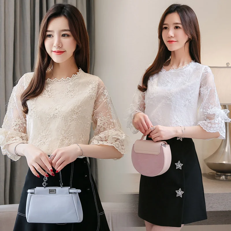 

Women Tops Round Neck Summer 2021 New Lace Loose Fashion Hollow Bow Half Sleeve Chiffon Embroidery Mesh ladies tops