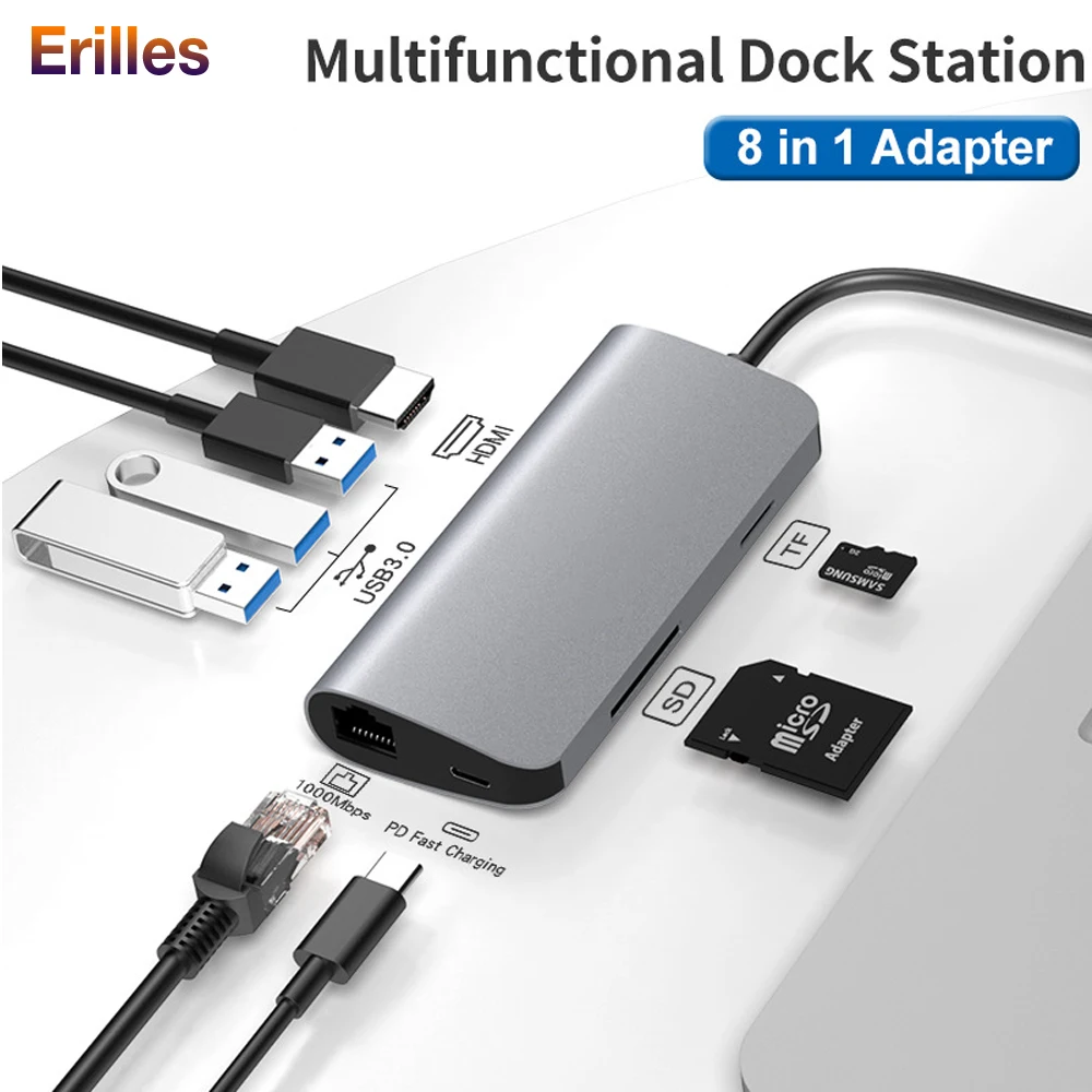8 в 1 шт. usb хаб Type C концентратор к HDMI адаптеру 4K Thunderbolt 3 USB Rj45 Gigabit Ethernet