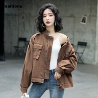 cashiona plus size women denim jackets 2022 fashion zipper top outerwear girls stand pocket coats kpop style jackets coffee gray