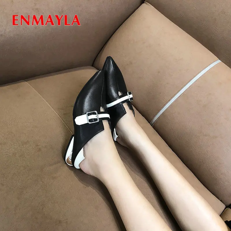

ENMAYLA 2020 Slip-On Office & Career Round Toe Ladies Shoes Basic Genuine Leather Womens Shoes Heels Mature Buckle Pumps 34-43