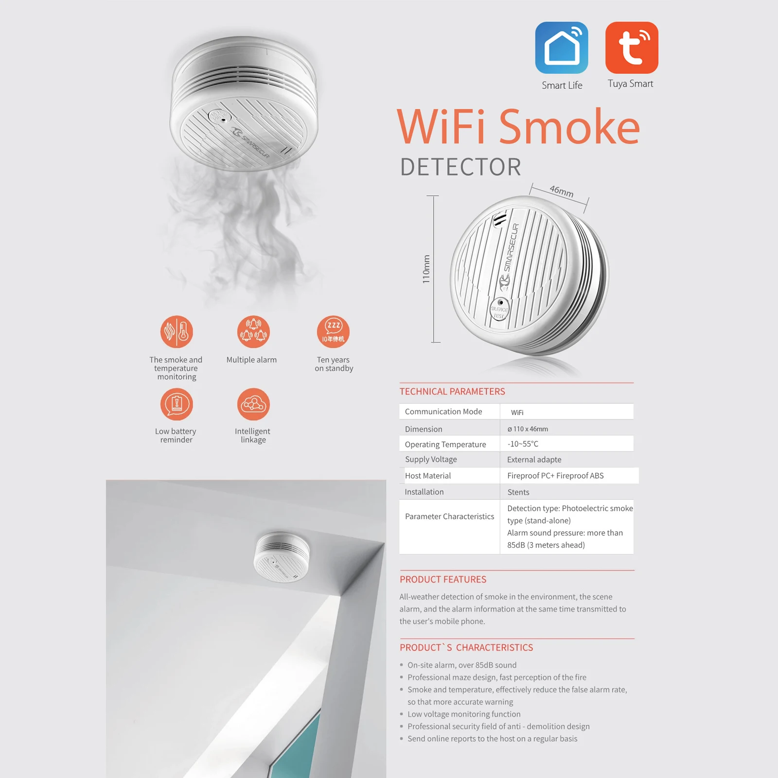 tuya wifi smokes detector intelligent alarm intelligent home life home household office hospital multifunction utility tools free global shipping