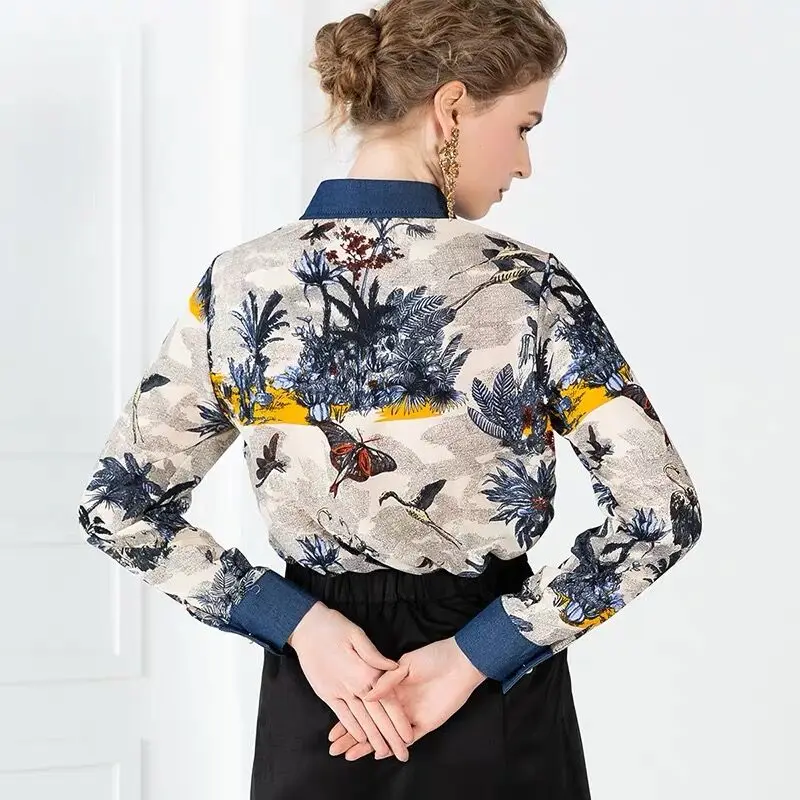 

Spring Summer Elegant Women Shirts Blouse Vintage Chain Flower Print Long Sleeve Shirts Female Streetwear Runway Designer Tops