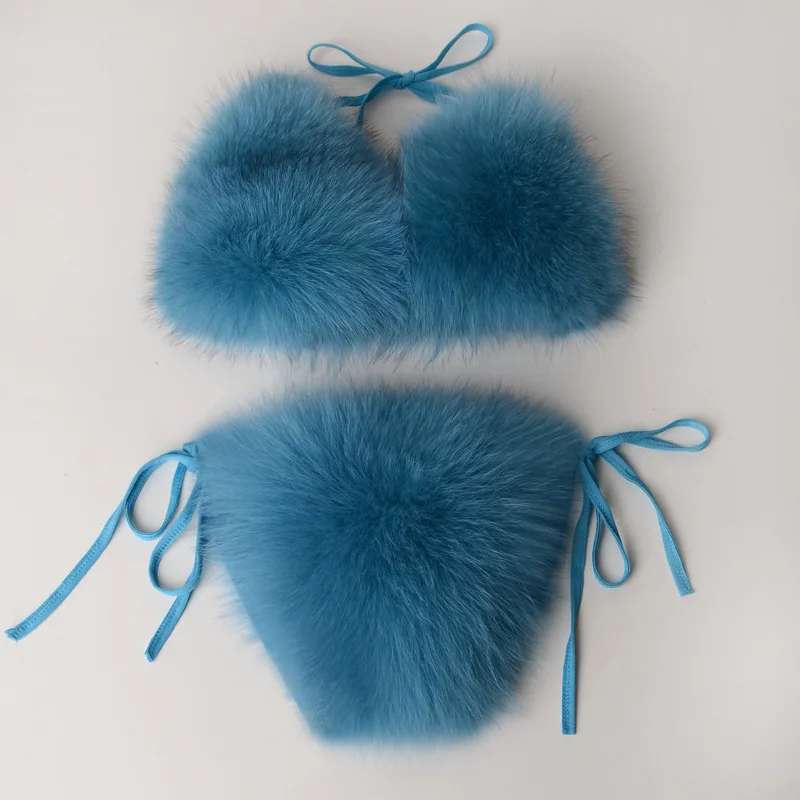 Lake Blue Пикантные тапочки с натуральным лисьим мехом женские меховые бюстгальтеры, женские пушистые меховые шлепанцы, меховые бикини, повседневные домашние тапочки, женские удобные плюшевые туфли на плоской подошве - Цвет: Lake Blue