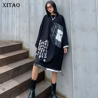xitao patchwork letter pocket dress women 2020 autumn casual fashion new style temperament o neck full sleeve loose dress zp3270
