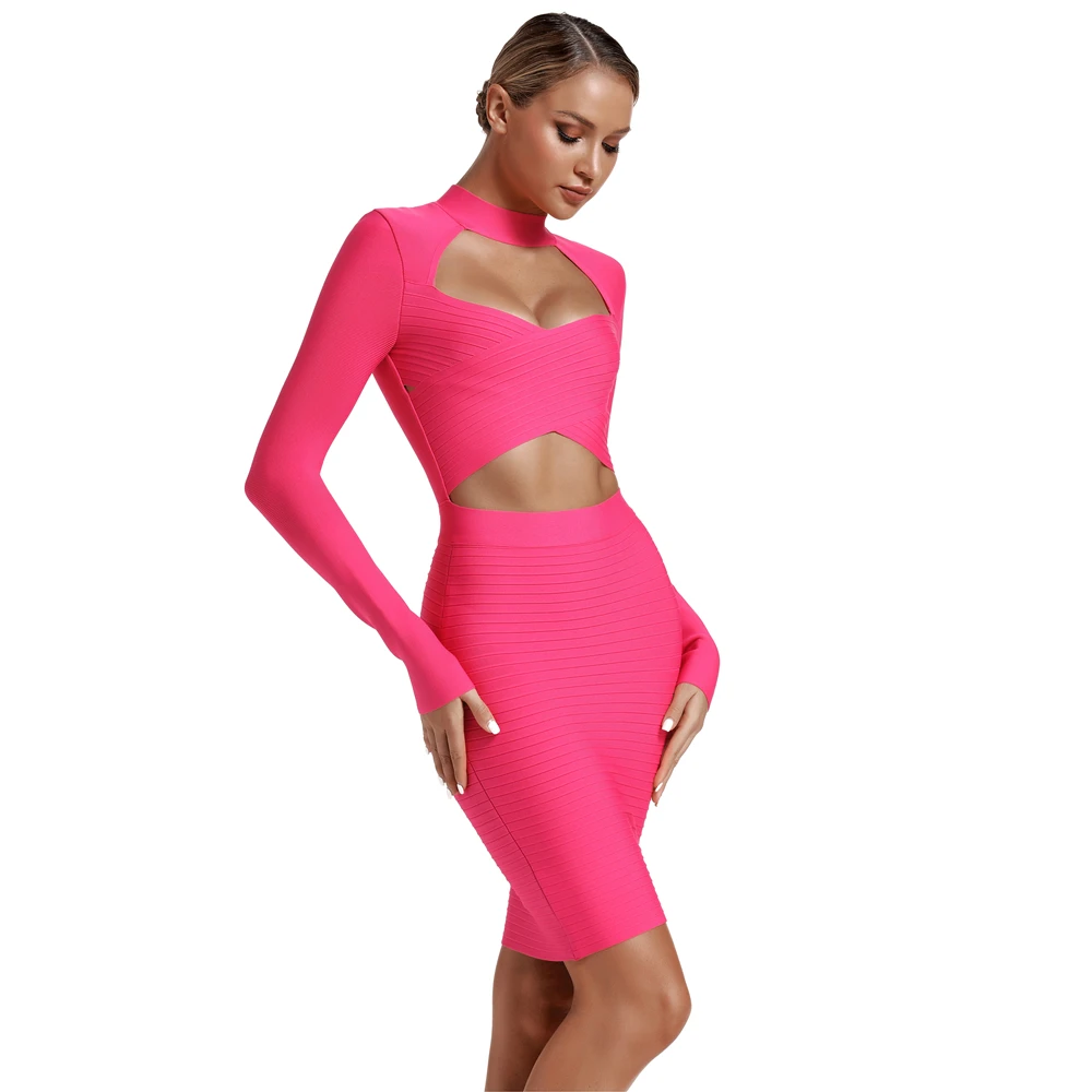 Ocstrade, Vestidos, Бандажное платье,, женское, новое, модное, ярко-розовое, Бандажное платье, сексуальное, с вырезами, Клубные, вечерние, с длинным рукавом, облегающее платье