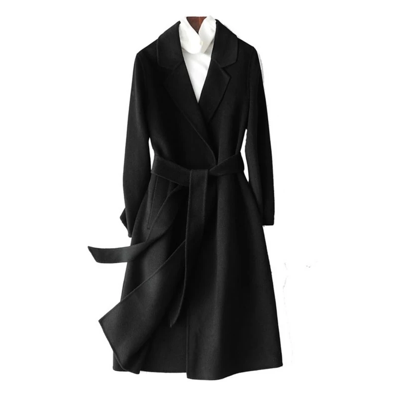 

Fashion Women Korean Elegant Solid Long Wool Coat Overcoats With Belt Solid