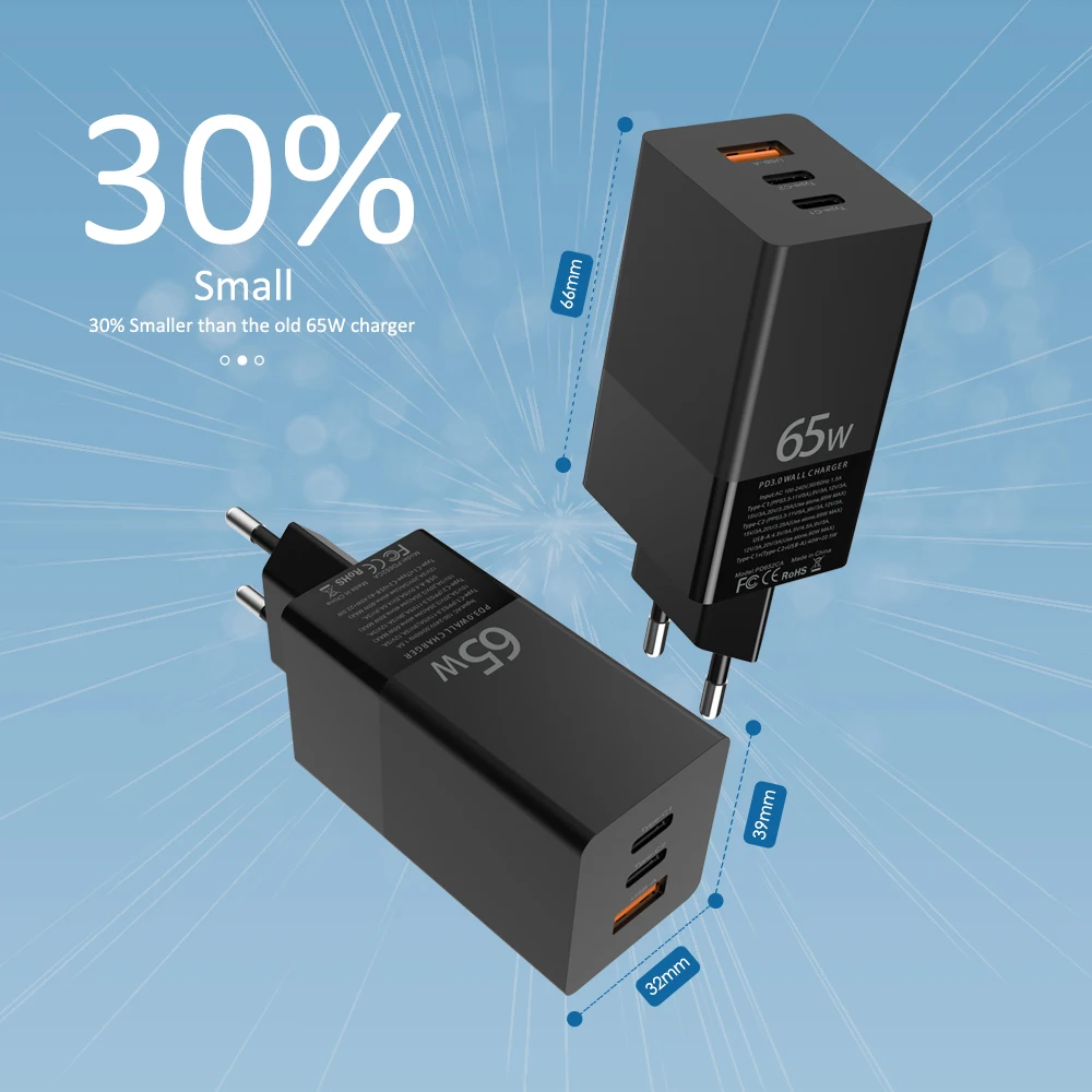 

BaySerry 65W GaN Charger Quick PD Charge 4.0 3.0 Type C USB Fast Charger Portable For Macbook Pro For iPhone 12 Xiaomi Laptop