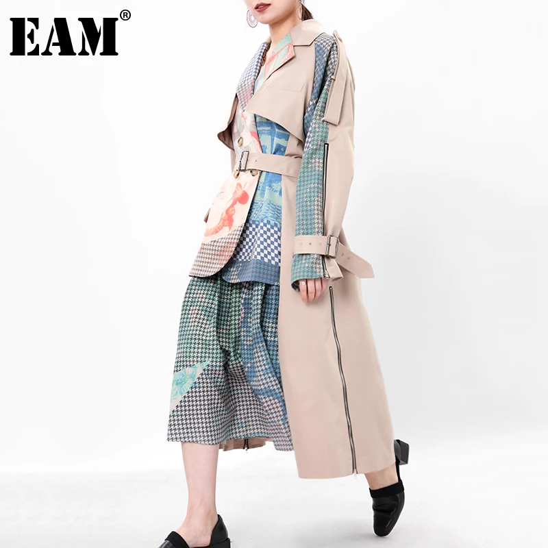 

[EAM] Women Color-block Two False Pieces Print Trench New Lapel Long Sleeve Loose Windbreaker Fashion Spring Autumn 2022 1B73904