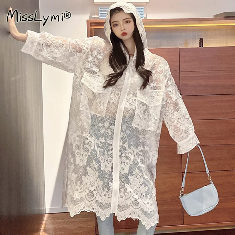 

4XL Plus Size Women See Through Organza White Dress Summer 2021 Hooded Long Sleeve Loose Casual Embroidery Lace Zipper Dresses