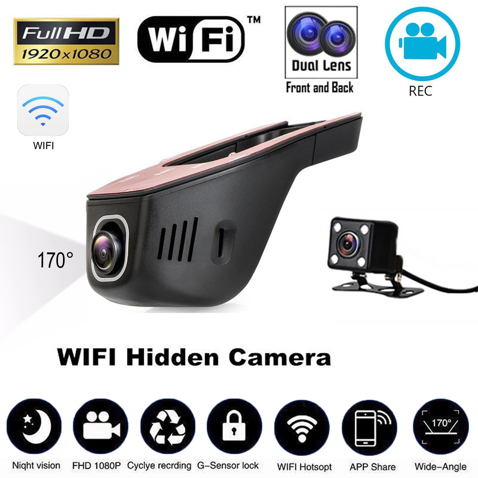Автомобильный видеорегистратор Full Hd 1080p WIFI угол обзора 170 градусов с двойным