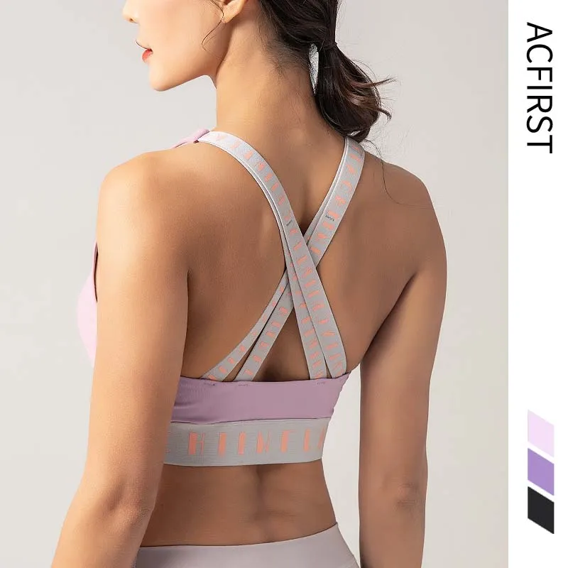 

AcFirst New Pink Women Bras Cross Back Breathable Shockproof Padded Sports Bra Yoga Athletic Running Fitness Workout Sport Top