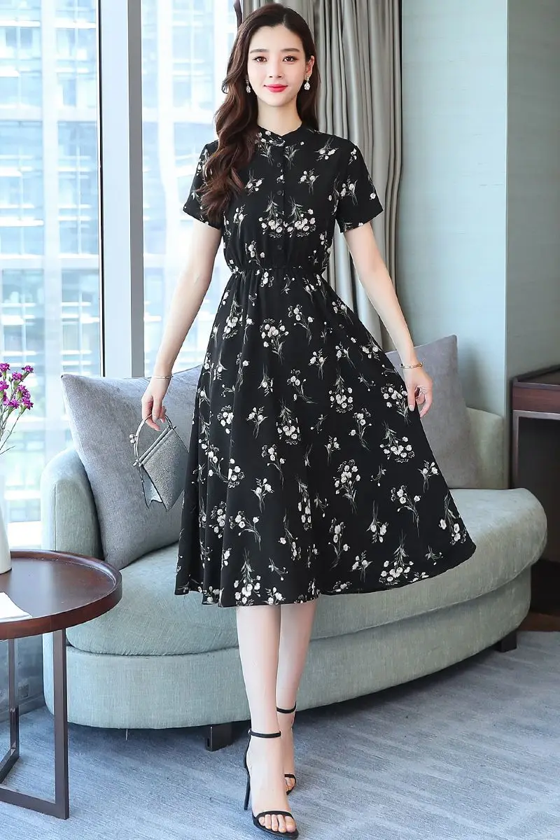 

COIGARSAM Floral Print Women Long dress New Summer Chiffon Short Sleeve Dresses Black 8782
