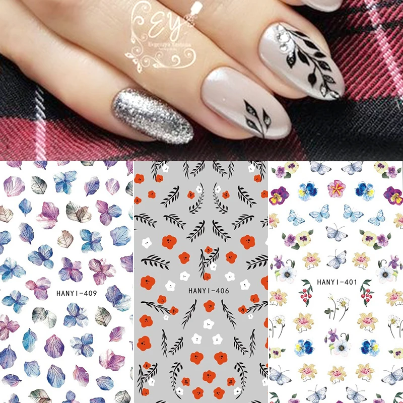 1 шт. 3D наклейки для ногтей цветы роза лист Бабочка изображение смешанный размер