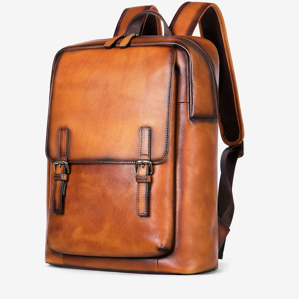 

Men's Genuine Leather 14 Inch Laptop Business Backpack Brown High Quality Cowhide Skin Leather Travel Back Bag Fashion Backpack