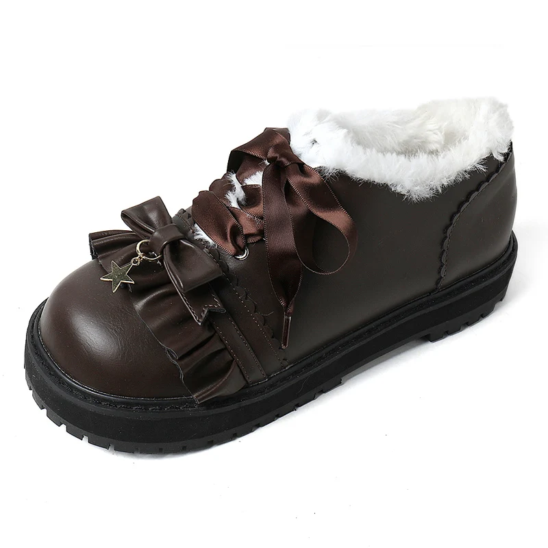 

Winter japanese sweet lolita shoes vintage round head thick bottom women shoes plus velvet keep warm bowknot kawaii shoes loli