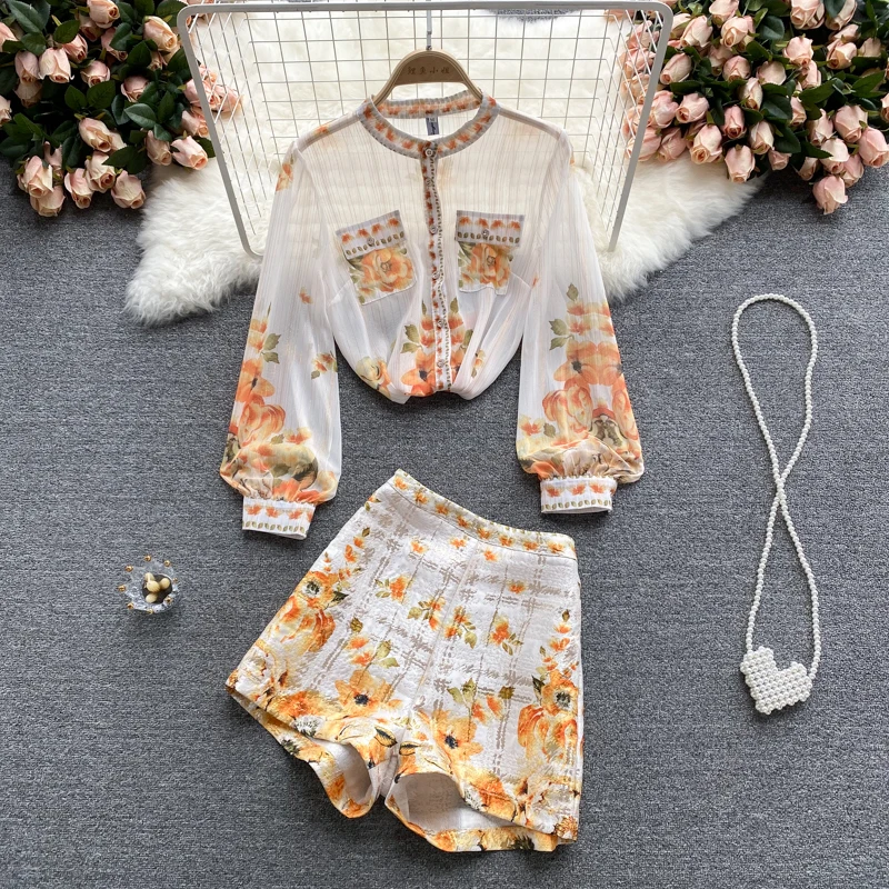 

Ladies Temperament Suit Women's Summer Clothes Thin Chiffon Shirt Design Sense Printed Wide-leg Shorts Fashionable Two-piece Tre