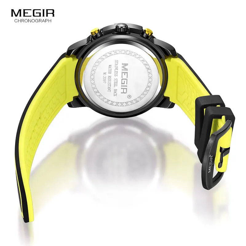 

Megir Men's Black Silicone Strap Quartz Watches Chronograph Sports Wristwatch for Man 3atm Waterproof Luminous Hands 2097 Yellow