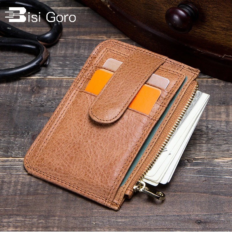 

BIGI GORO Vintage Men's Wallet Credit Card Clip Ultra-thin Zipper Design Coin Purse Photo Window Leather Mini Wallets For Women