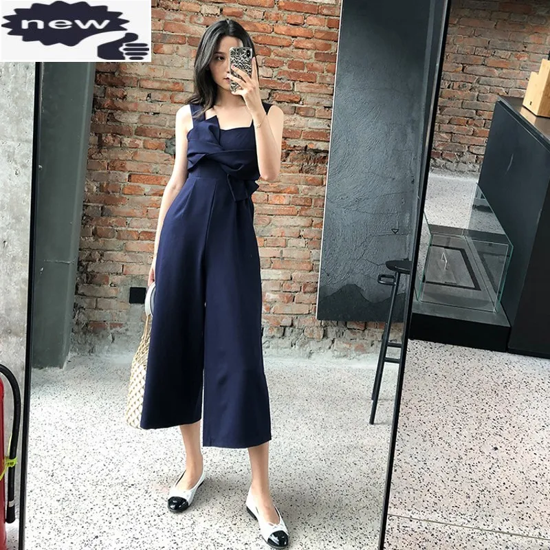 Summer New Women Straps Jumpsuit Ankle Length Wide Leg Pants Bow Sexy Backless Playsuits Navy Designer Ladies Casual Rompers