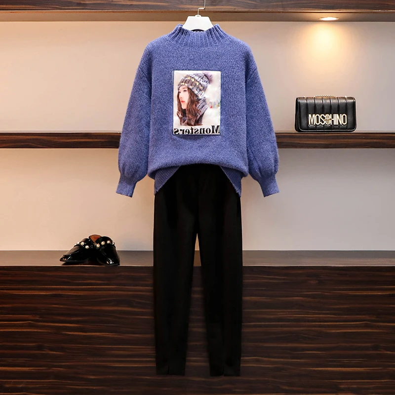 Женский спортивный костюм большого размера плюс свитер + штаны комплект из двух