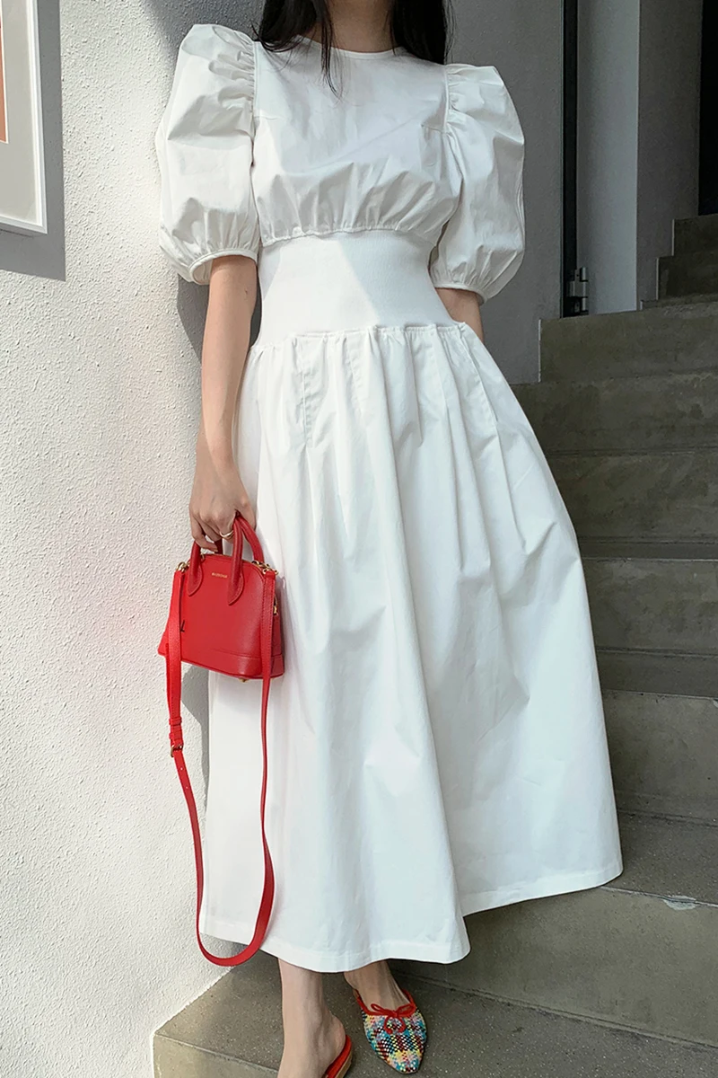 

summer dress 2020 vintage korean clothes elegant o-neck loose ruffle high-waist puff sleeve cotton casual white long dress women