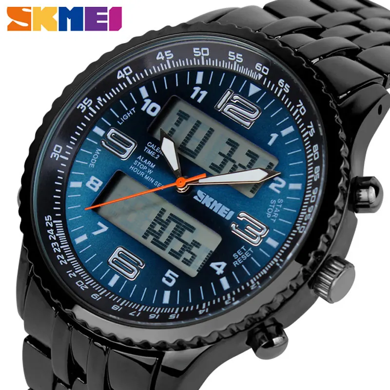 SKMEI деловые часы мужские Роскошные модные с двойным дисплеем календарем наручные